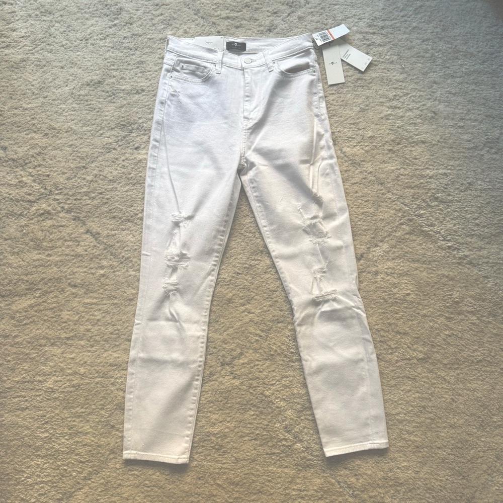 7 For All Mankind White Destructed High Waist Ankle Skinny Jeans